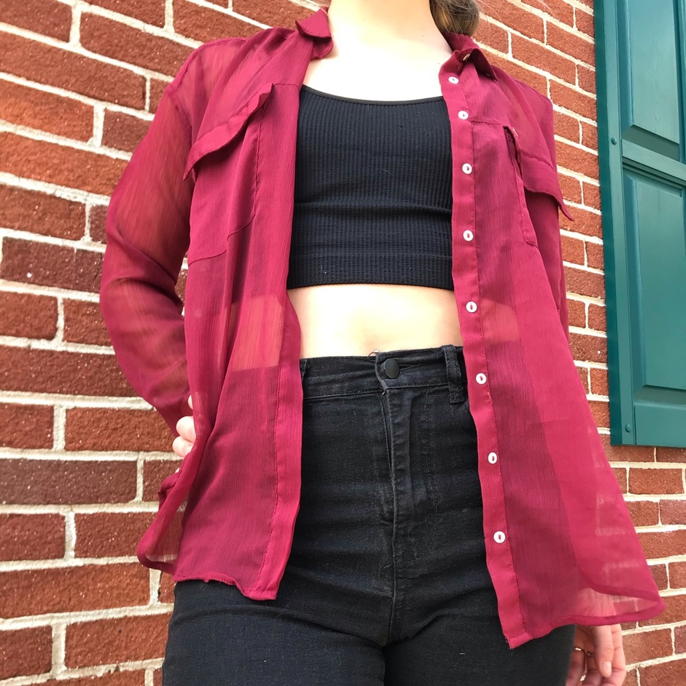 Red Sheer Button-Up - Picture 2 of 4